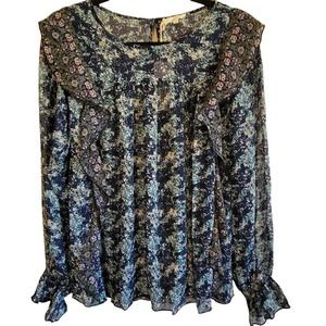 Mystree Womens Boho Blouse Long Sleeve Floral Small Green Blue